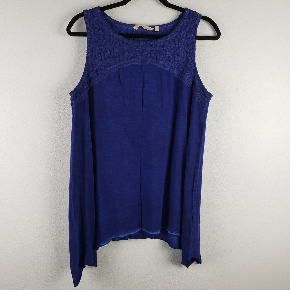 Soft Surroundings‎ Women's L Kyela Tank Top Blue Embroidered Top Shark Bite Hem